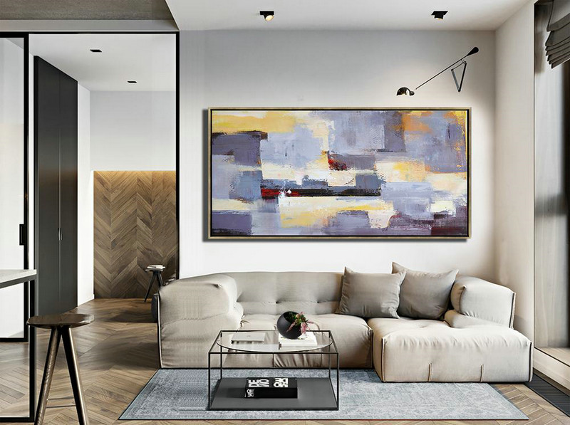 Original Painting Hand Made Large Abstract Art,Horizontal Palette Knife Contemporary Art Panoramic Canvas Painting,Original Art,Purple,Grey,Yellow.etc